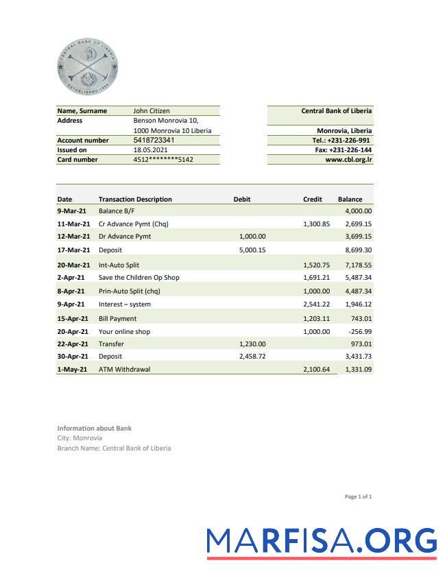 Printable Liberia Central Bank of Liberia bank statement excel sample